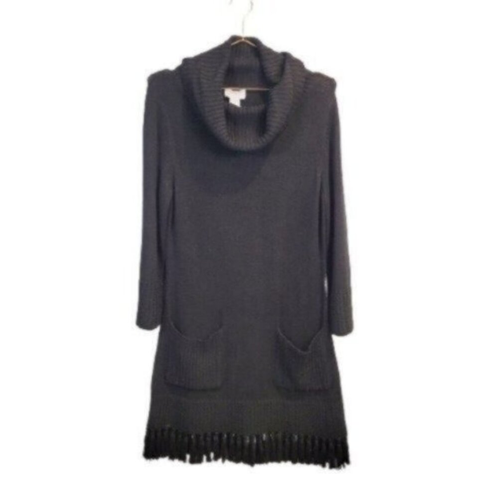 Soft Surroundings | Cowl Neck Fringe Tunic Sweater Black